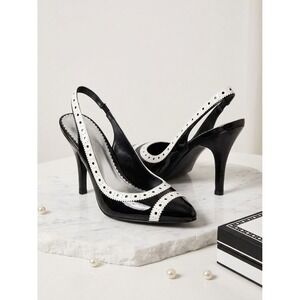 BCBG Paris Wingtip Slingback Heels Size 7.5 Black White Patent Leather Brogue